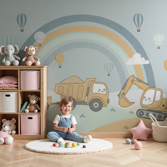 Kids-Mundo rainbow construction truck wall mural with balloons in a grey-blue baby nursery