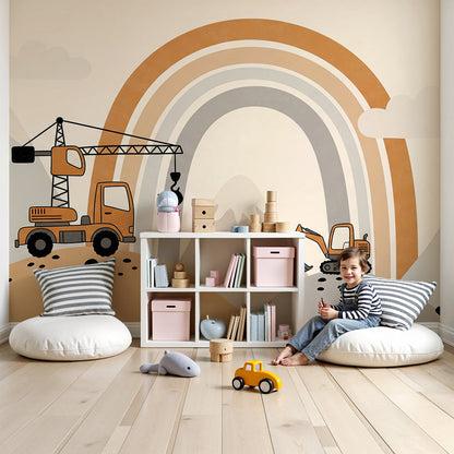 Kids-Mundo rainbow construction wall mural with trucks, made to measure and shown in a soft nursery.