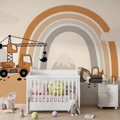 Kids-Mundo rainbow digger and crane mural, made to measure and pictured in a lively kids' playroom.