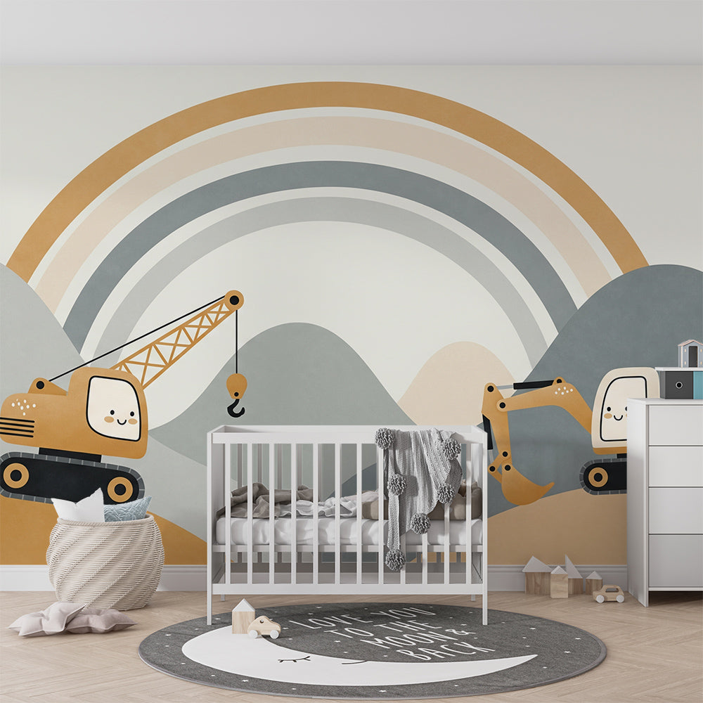 Kids-Mundo rainbow crane and digger wall mural behind a single bed in a bright kids bedroom.