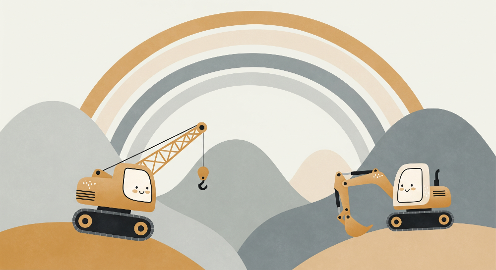 Kids-Mundo flat artwork preview of the rainbow crane and digger construction wall mural design.