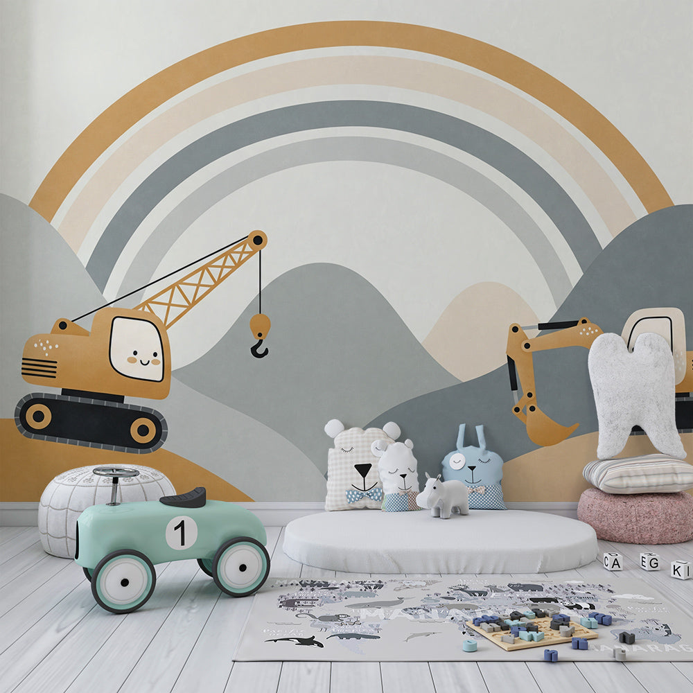 Kids-Mundo rainbow crane and digger wall mural adding colour to a busy children's playroom wall.