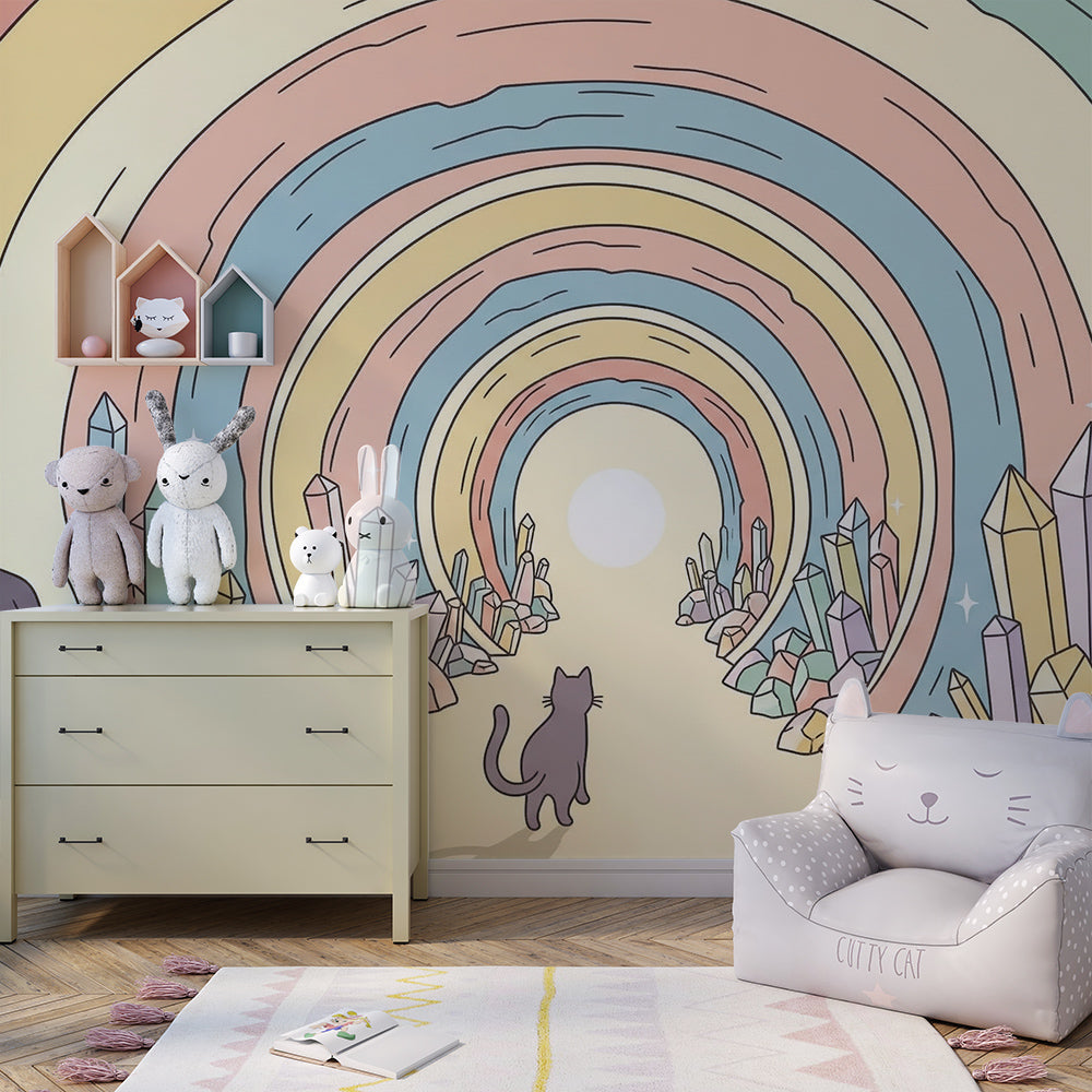 Kids-Mundo crystal tunnel mural styled with a curious cat in a kids bedroom