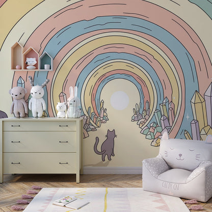 Kids-Mundo crystal tunnel mural styled with a curious cat in a kids bedroom