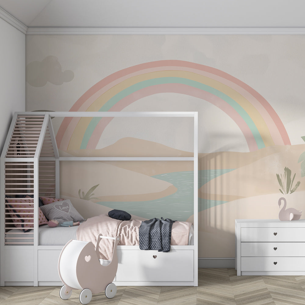 Pastel rainbow desert mural wallpaper transforming kids room into dreamy landscape