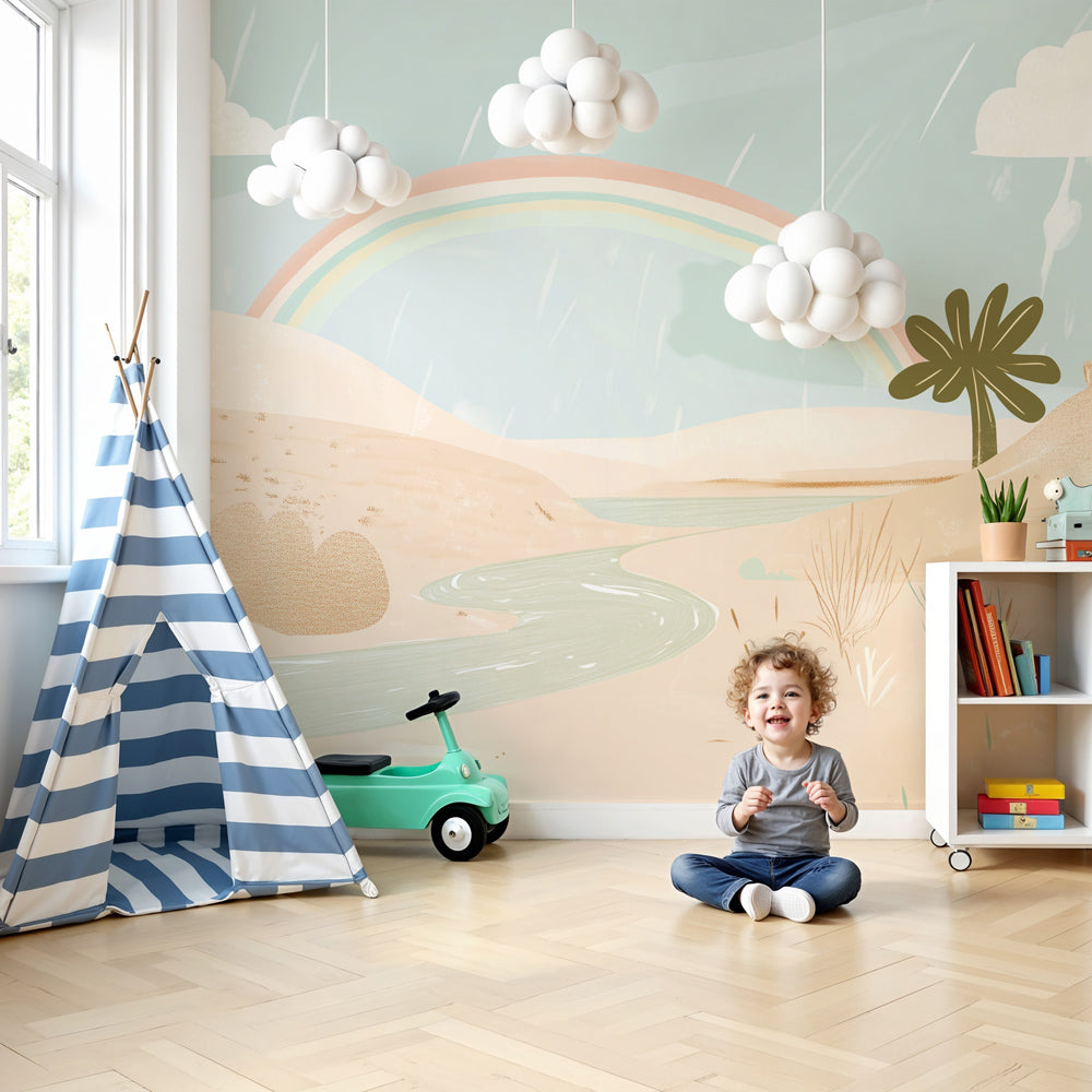 Rainbow desert mural wallpaper creating magical atmosphere in modern nursery room by Kids-Mundo