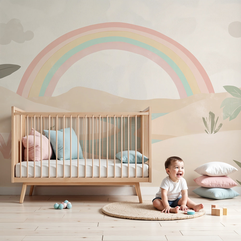 Rainbow desert mural wallpaper creating magical pastel nursery decor by Kids-Mundo