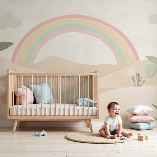 Rainbow desert mural wallpaper creating magical pastel nursery decor by Kids-Mundo