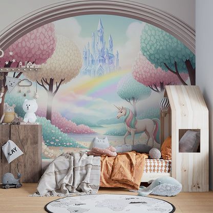 Kids-Mundo unicorn wall mural with crystal castle and rainbow, shown on a kids bedroom wall.
