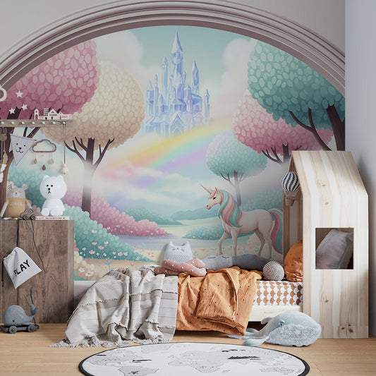 Kids-Mundo unicorn wall mural with crystal castle and rainbow, shown on a kids bedroom wall.
