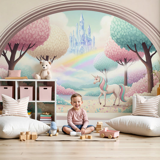Kids-Mundo rainbow unicorn garden wall mural mockup styled in a soft pastel nursery interior.