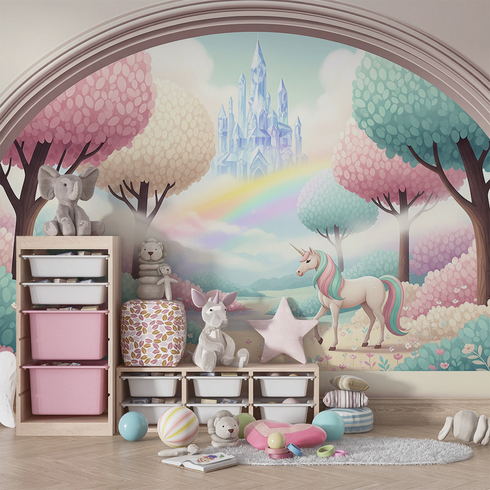 Kids-Mundo rainbow garden unicorn mural mockup displayed on a bright children's playroom wall.