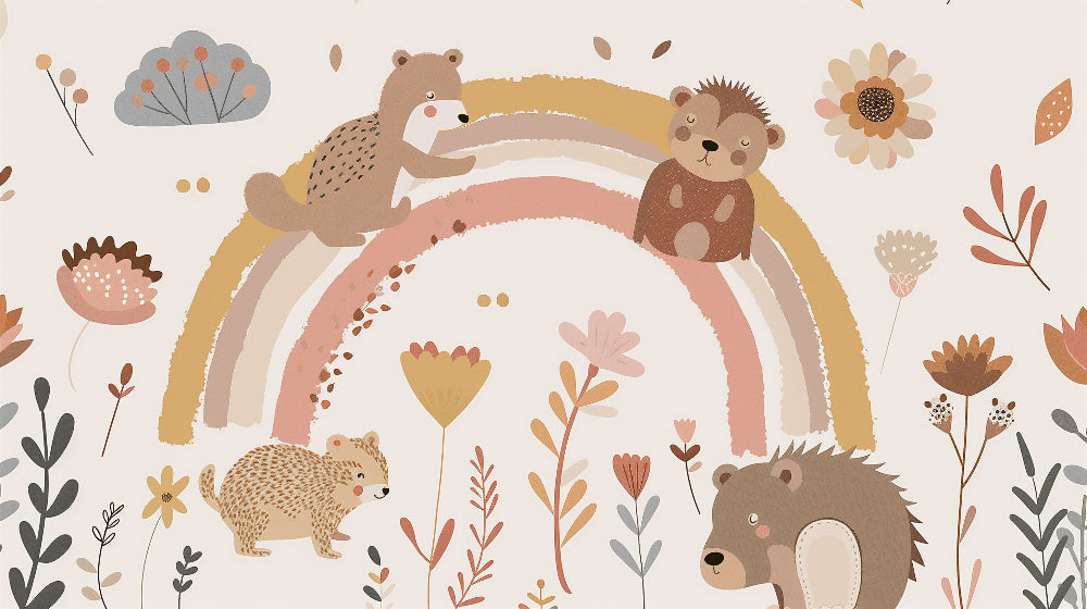 Detailed rainbow garden mural wallpaper design pattern with bears and woodland creatures by Kids-Mundo