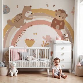 Rainbow garden mural wallpaper with woodland animals in cozy baby nursery by Kids-Mundo