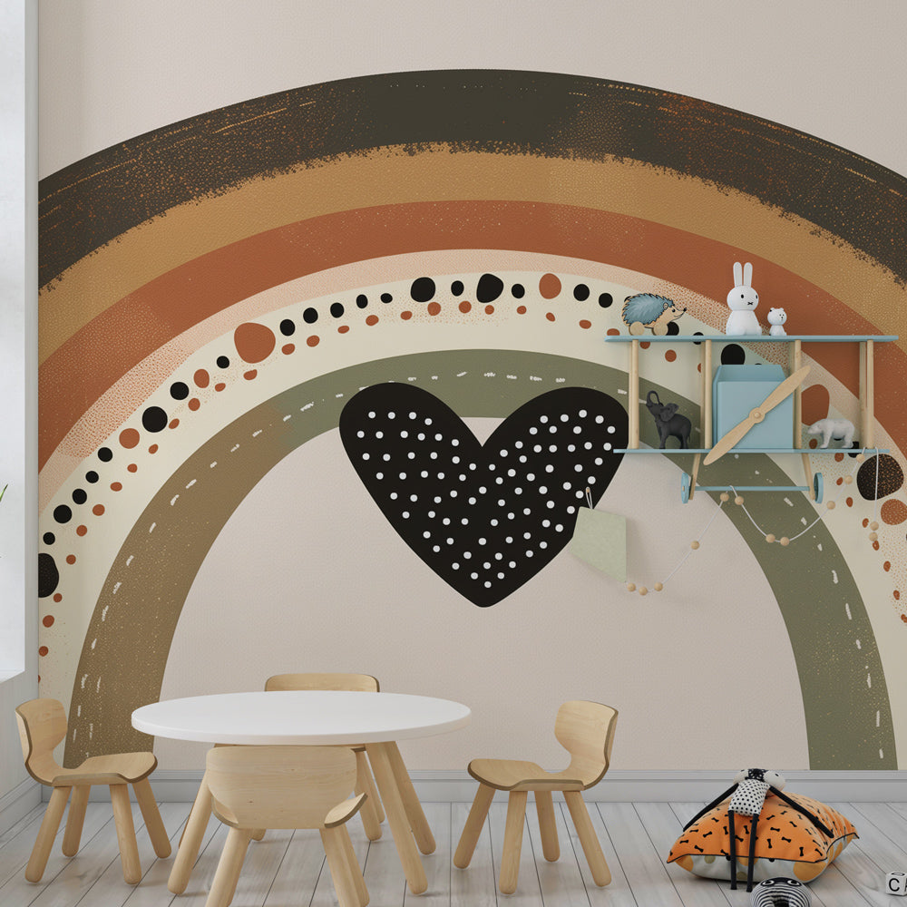 Rainbow heart mural wallpaper complementing bohemian nursery furniture and textiles