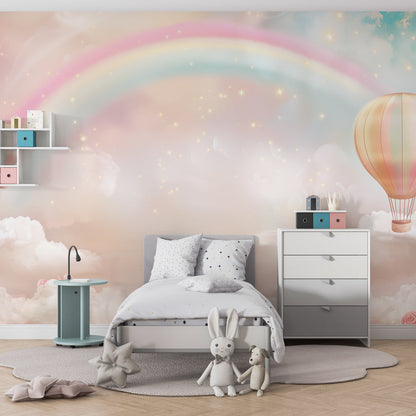Kids-Mundo hot air balloon and rainbow wall mural styled in a pastel kids' bedroom