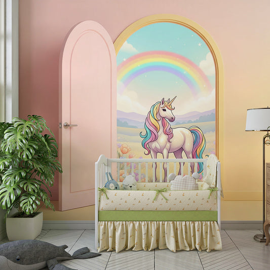 Kids-Mundo unicorn wall mural with a rainbow mane and flower meadow, styled in a bedroom.