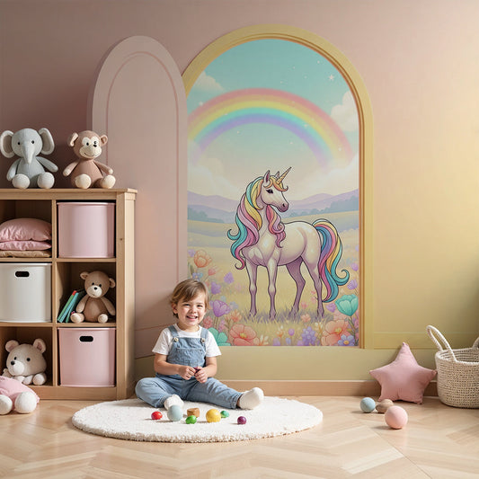 Kids-Mundo rainbow mane unicorn wall mural with a golden doorway in a bright baby nursery.