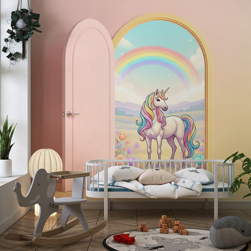 Kids-Mundo rainbow mane unicorn doorway wall mural brightening a colourful playroom.