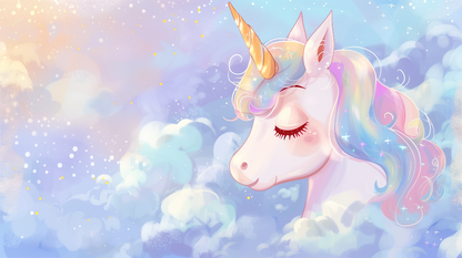 Kids-Mundo flat artwork of a close-up unicorn face with a rainbow mane among stars