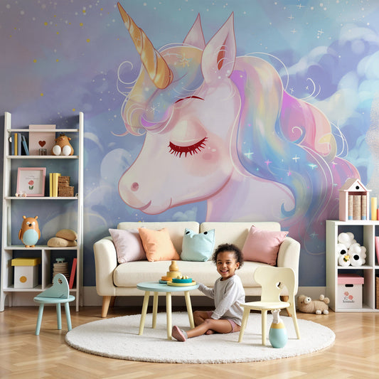 Kids-Mundo unicorn portrait wall mural above a cot in a soft blue nursery