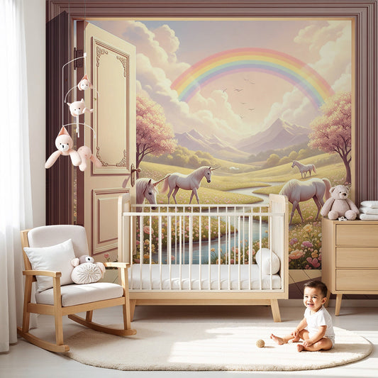 Kids-Mundo unicorn wall mural in a nursery, an open door revealing a rainbow unicorn valley