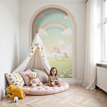 Kids-Mundo rainbow arch unicorn wall mural in a soft, minimal baby nursery setting.