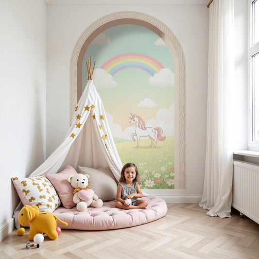 Kids-Mundo rainbow arch unicorn wall mural in a soft, minimal baby nursery setting.
