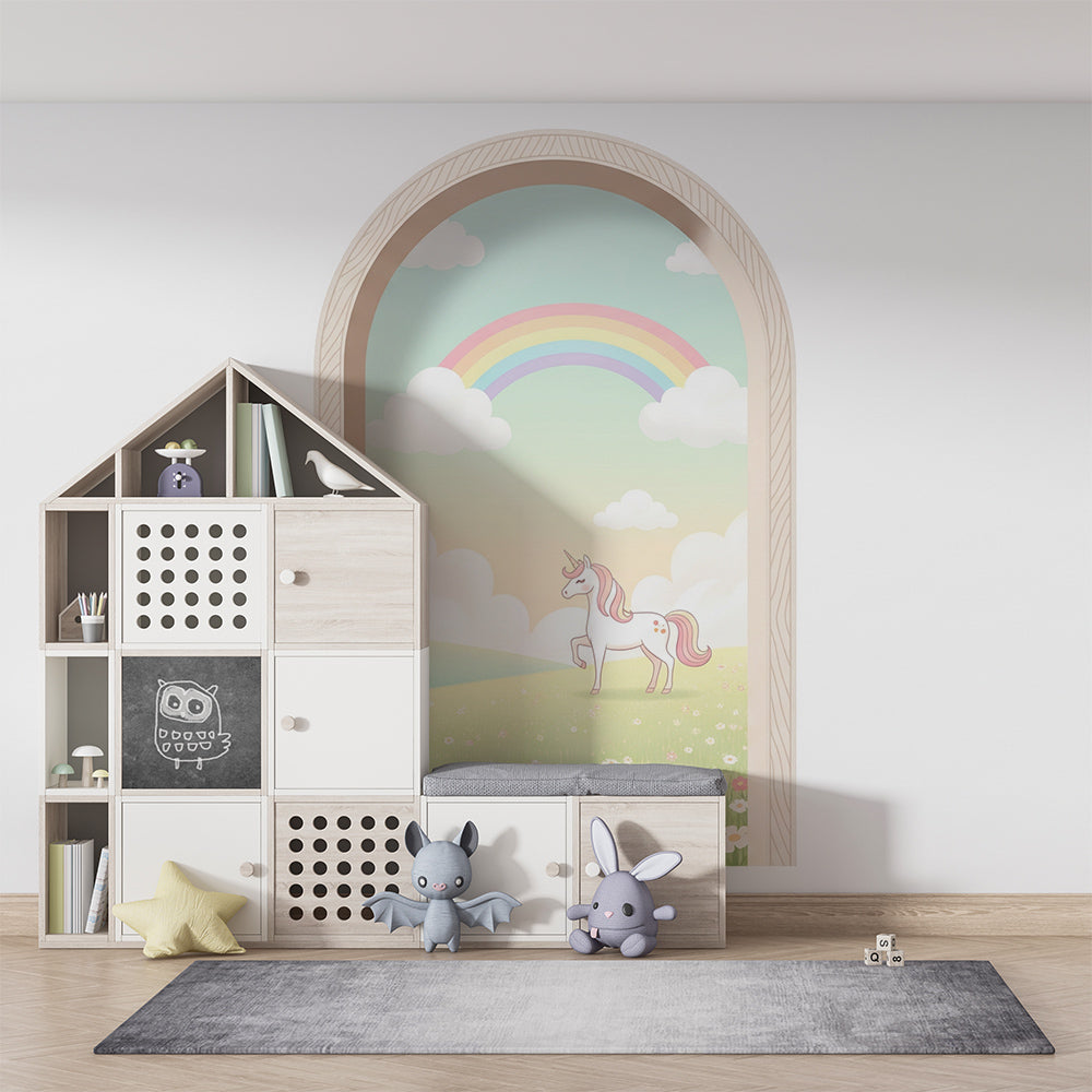 Kids-Mundo rainbow meadow unicorn arch wall mural brightening a playful children's playroom.