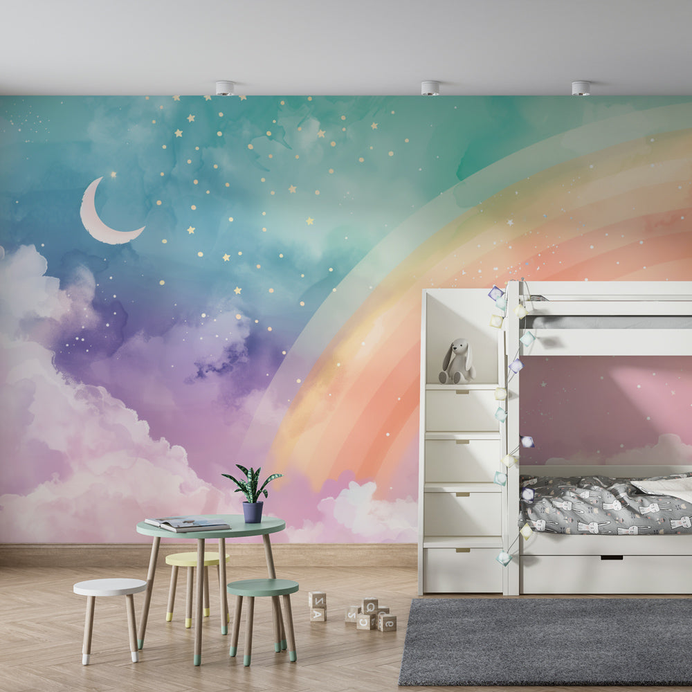 Fairytale rainbow sky wallpaper in peaceful baby bedroom setting with pastel colors