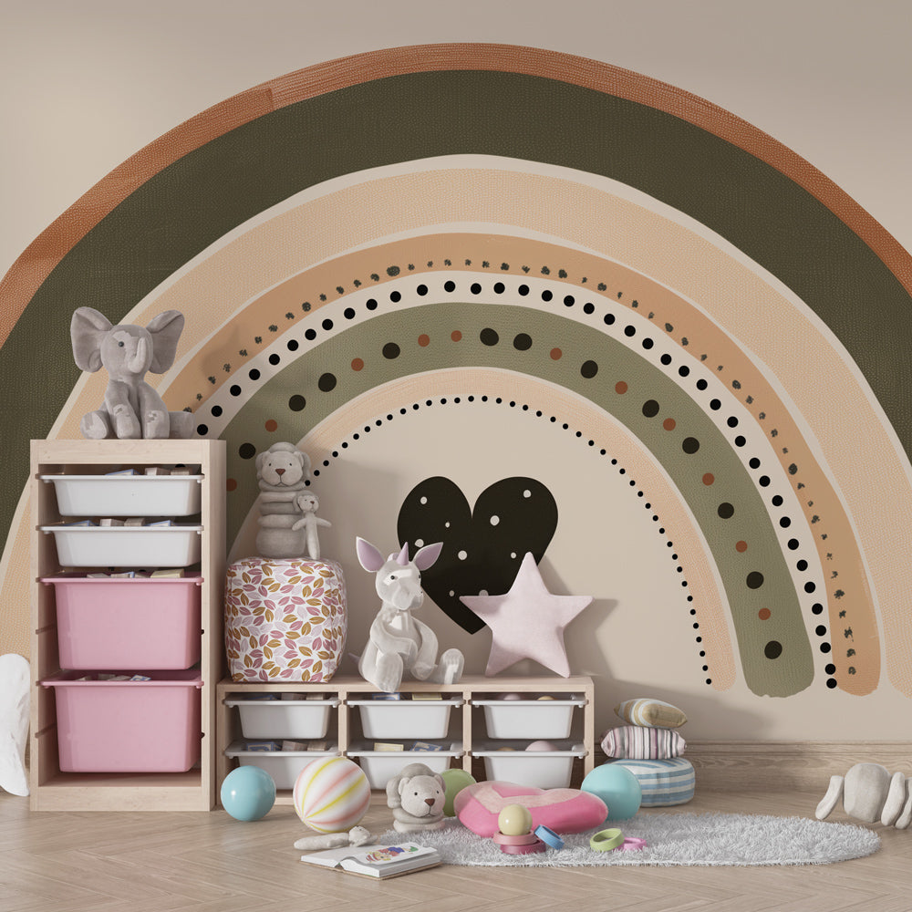 Rainbow mural wallpaper transforming modern baby room with bohemian heart design