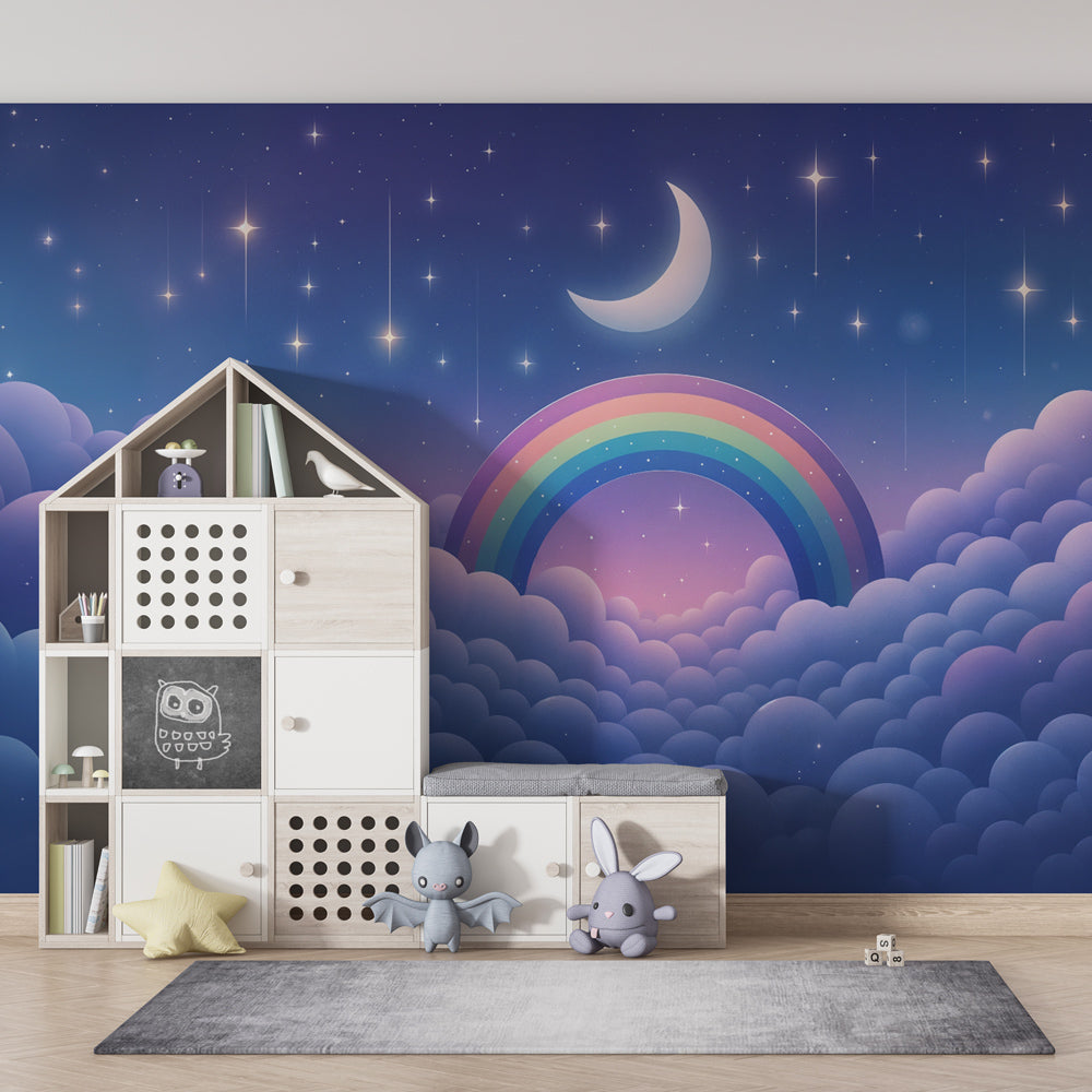 Celestial rainbow wallpaper creating magical kids bedroom atmosphere with moon and stars