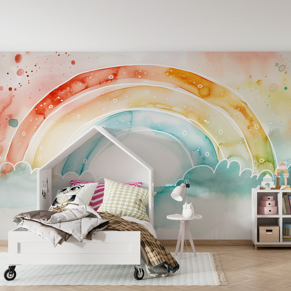 Rainbow and clouds wallpaper transforming children's bedroom into magical sky sanctuary