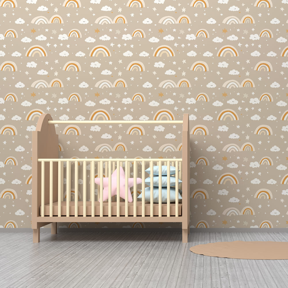 Rainbow cloud wallpaper creating magical atmosphere in children's bedroom decor