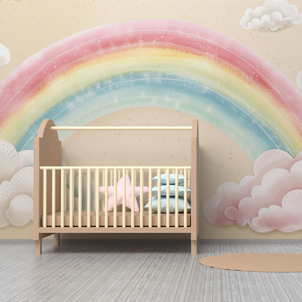 Soft pastel rainbow and cloud wallpaper creating peaceful nursery atmosphere