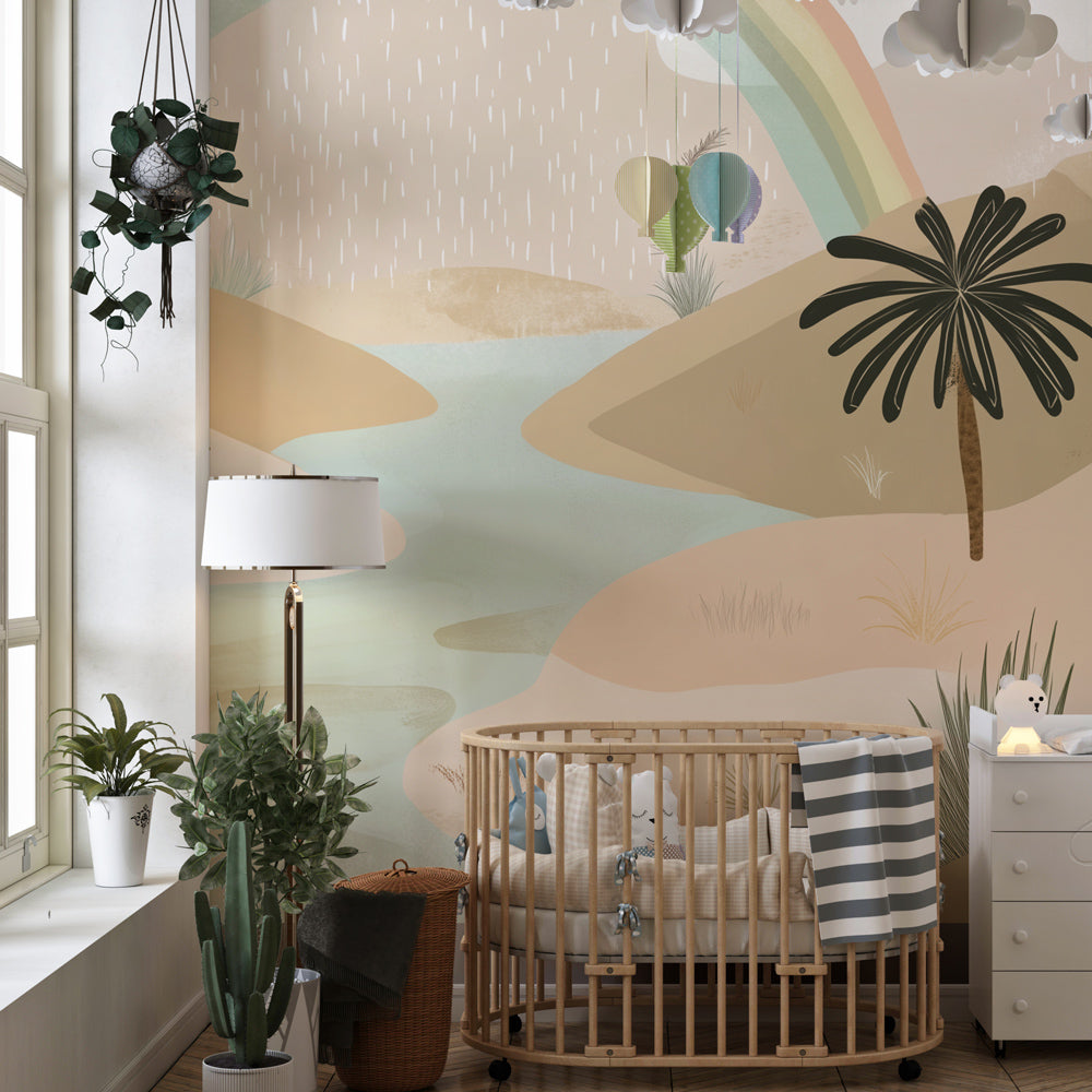 Soft beige rainbow mural wallpaper transforming kids playroom into magical oasis