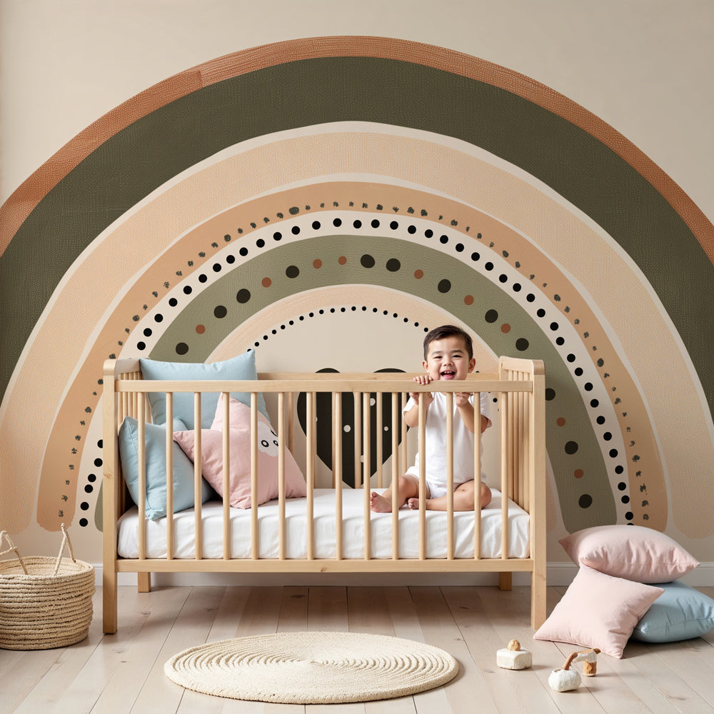 Bohemian rainbow mural wallpaper with heart motifs in serene baby nursery by Kids-Mundo