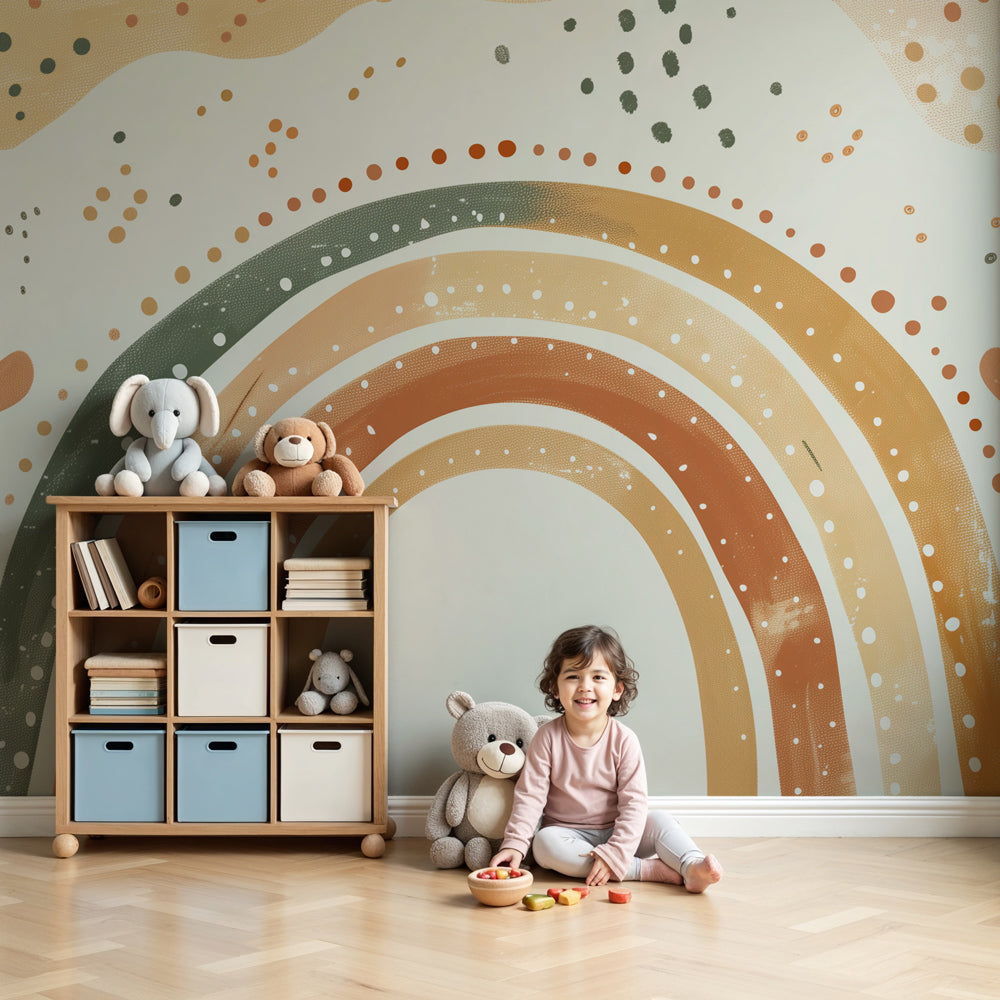 Bohemian rainbow mural wallpaper in earth tones decorating modern nursery room by Kids-Mundo