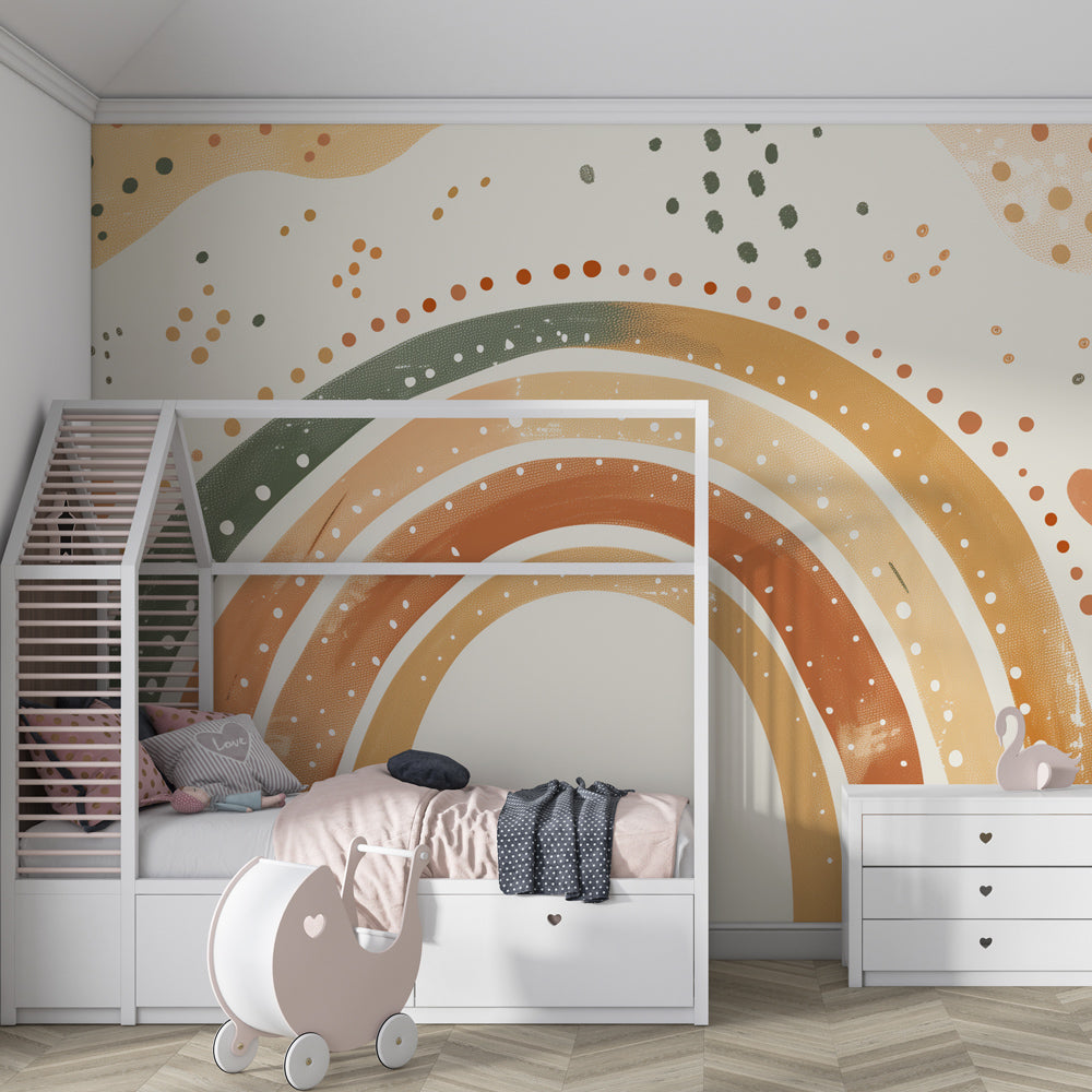 Multicolored bohemian rainbow wallpaper transforming children's playroom with natural vibes