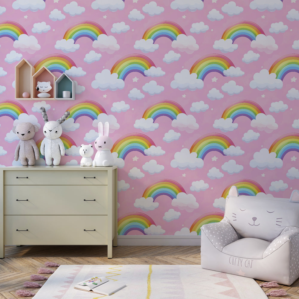 Colorful rainbow wallpaper transforming modern kids bedroom with playful cloud motifs