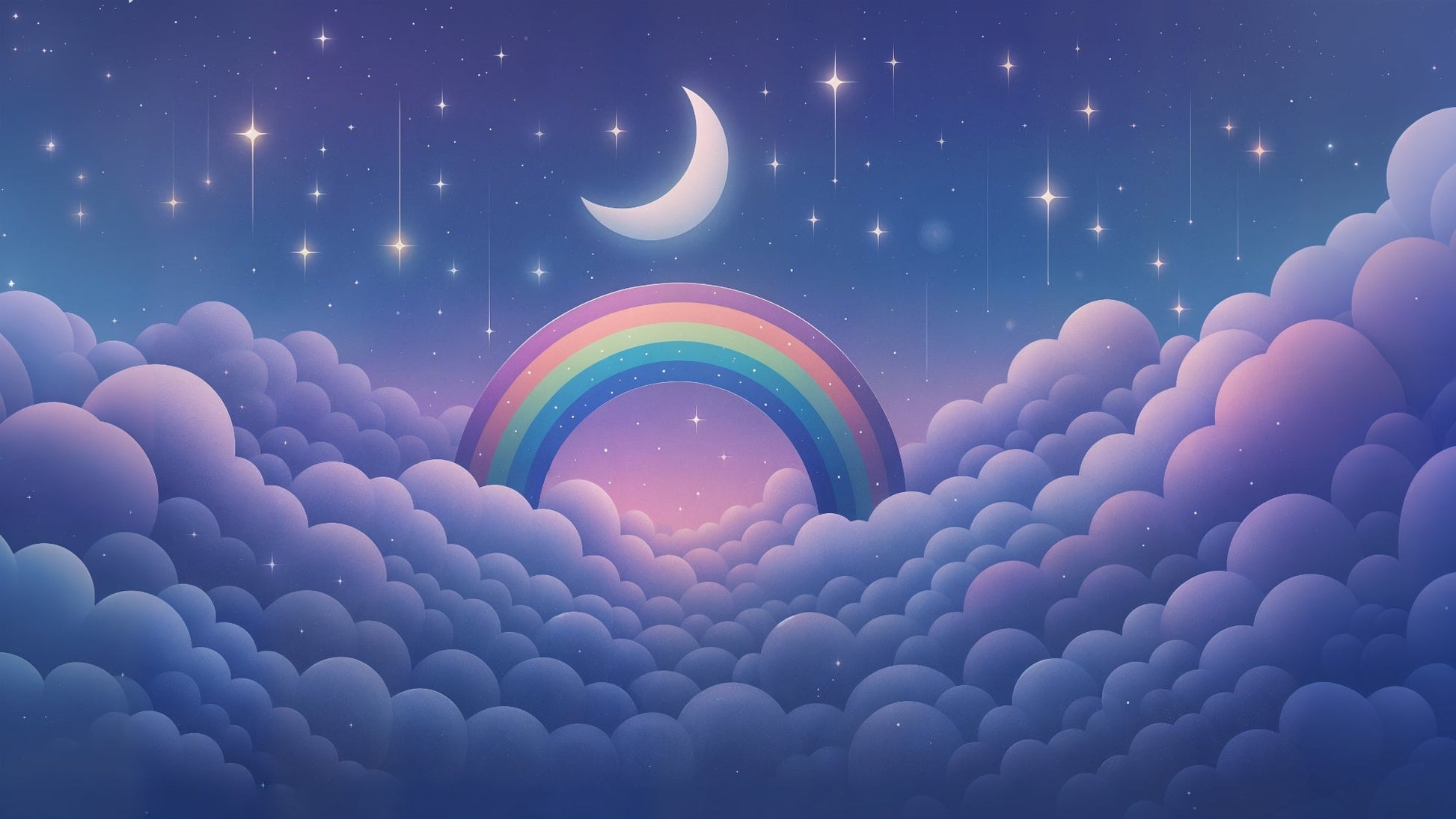 Detailed rainbow starry night mural wallpaper design pattern with moon and clouds by Kids-Mundo