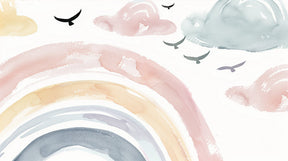 Detailed watercolor rainbow clouds and birds mural wallpaper design pattern by Kids-Mundo