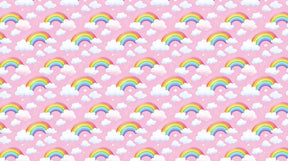 Detailed rainbow mural wallpaper design pattern with clouds on pink background by Kids-Mundo