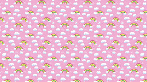 Detailed rainbow and clouds mural wallpaper design pattern on soft pink background by Kids-Mundo