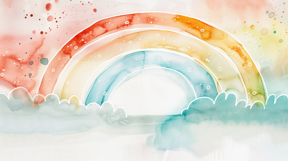 Detailed watercolor rainbow and clouds mural wallpaper design pattern by Kids-Mundo