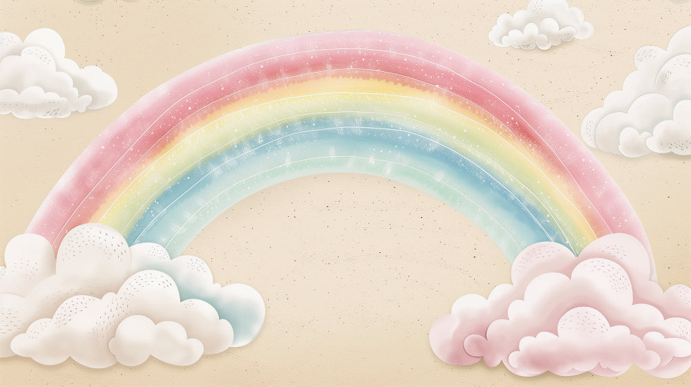 Detailed fairy tale rainbow and fluffy clouds mural wallpaper design pattern by Kids-Mundo