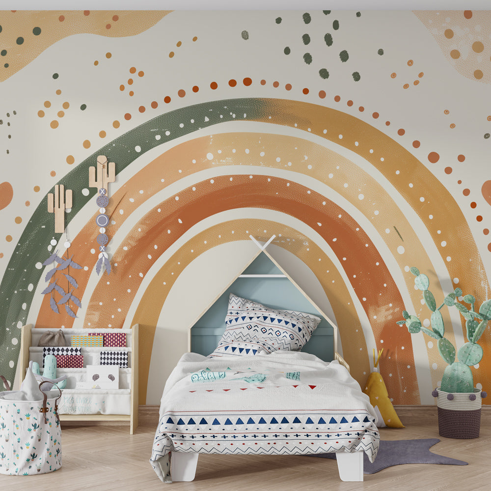 Earth tone rainbow wallpaper creating peaceful atmosphere in toddler bedroom decor