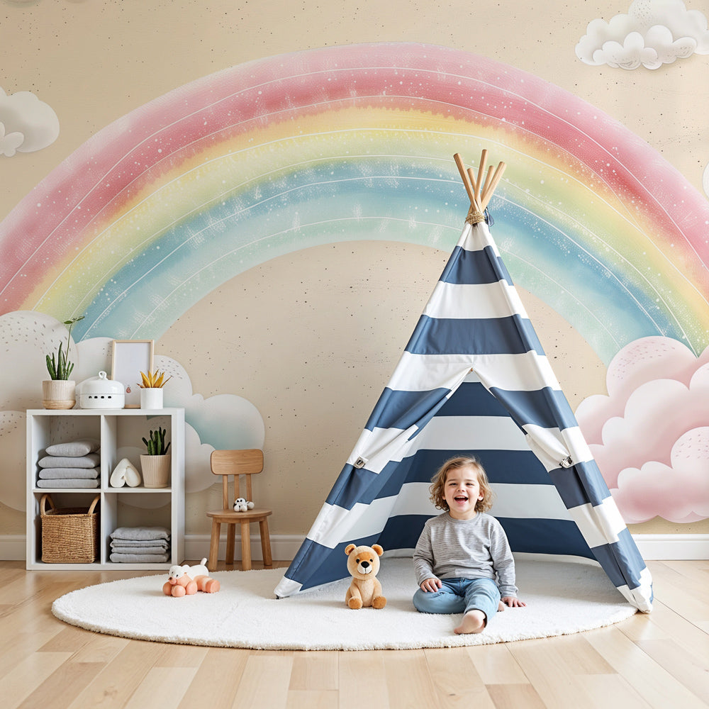 Rainbow mural wallpaper with fluffy clouds creating dreamy baby nursery by Kids-Mundo