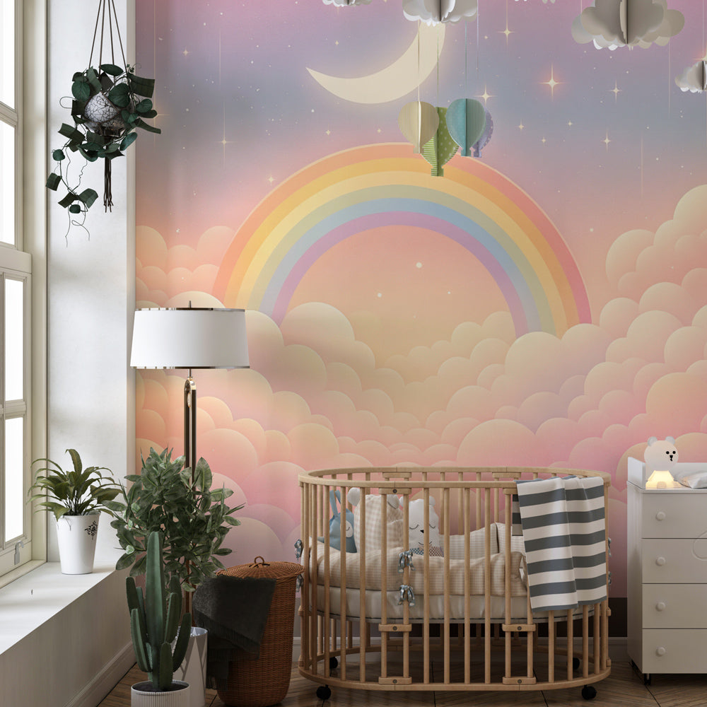 Pastel rainbow and cloud wallpaper creating whimsical kids playroom atmosphere by Kids-Mundo