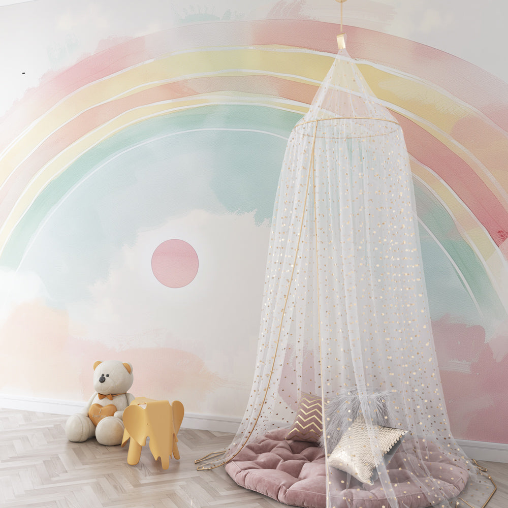 Soft pastel rainbow mural wallpaper with sun creating dreamy kids room environment by Kids-Mundo